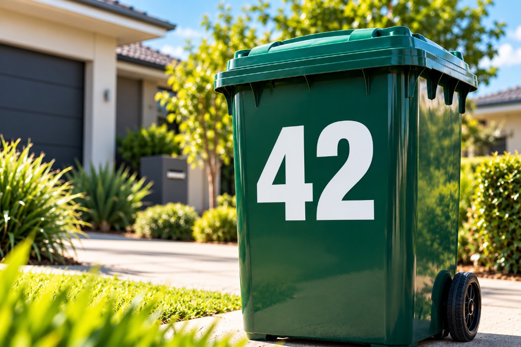 Green wheelie bin labelled with the number 42
