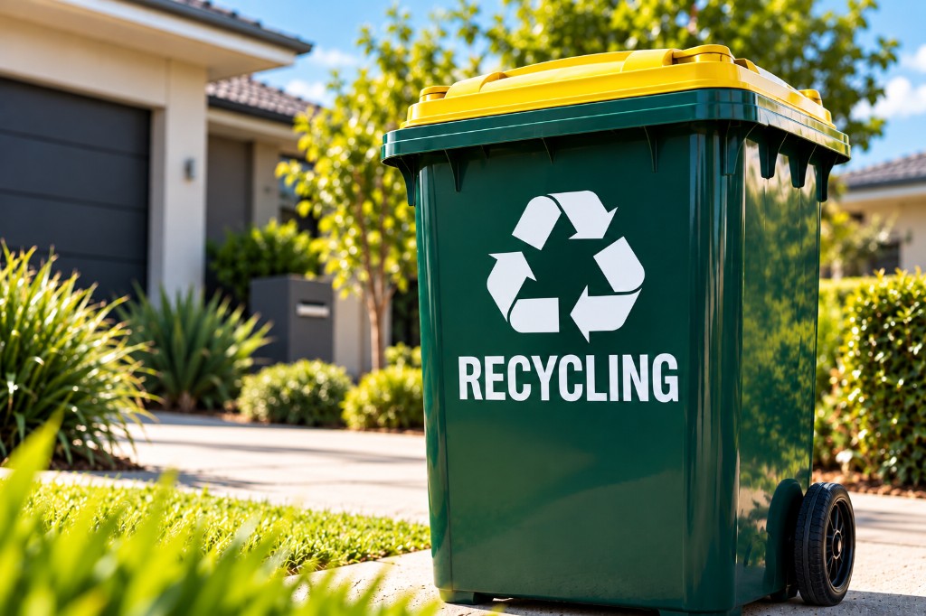 Green recycling bin with a yellow lid and a recycling symbol
